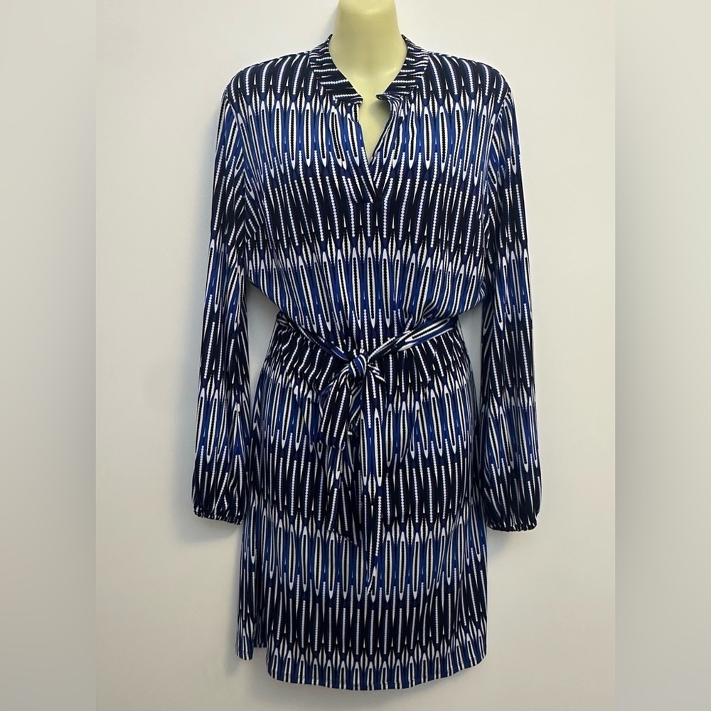 Laundry by Design Blue and Black Patterned Long Sleeve Jersey Dress